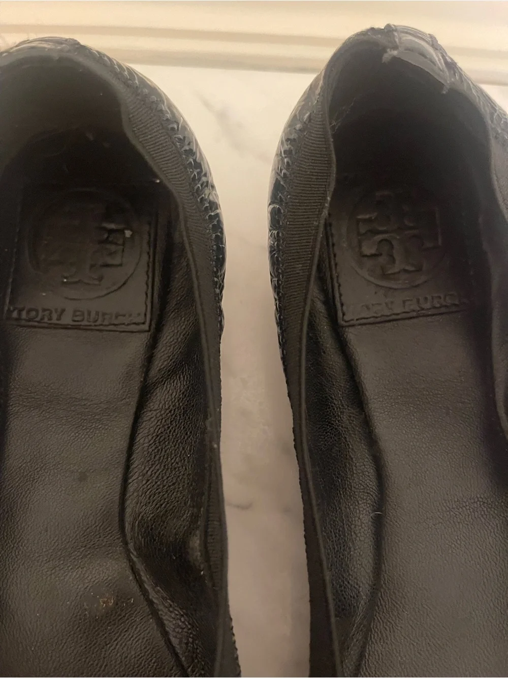 Tory Burch Black Patent Logo Round-Toe Flats with Gold Emblem